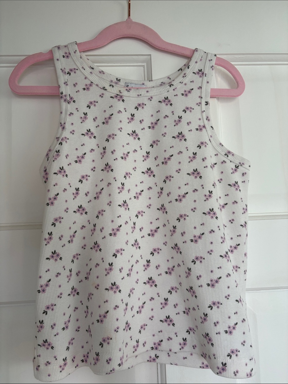Splendid White Ribbed Tank Top with Lavender Floral Print